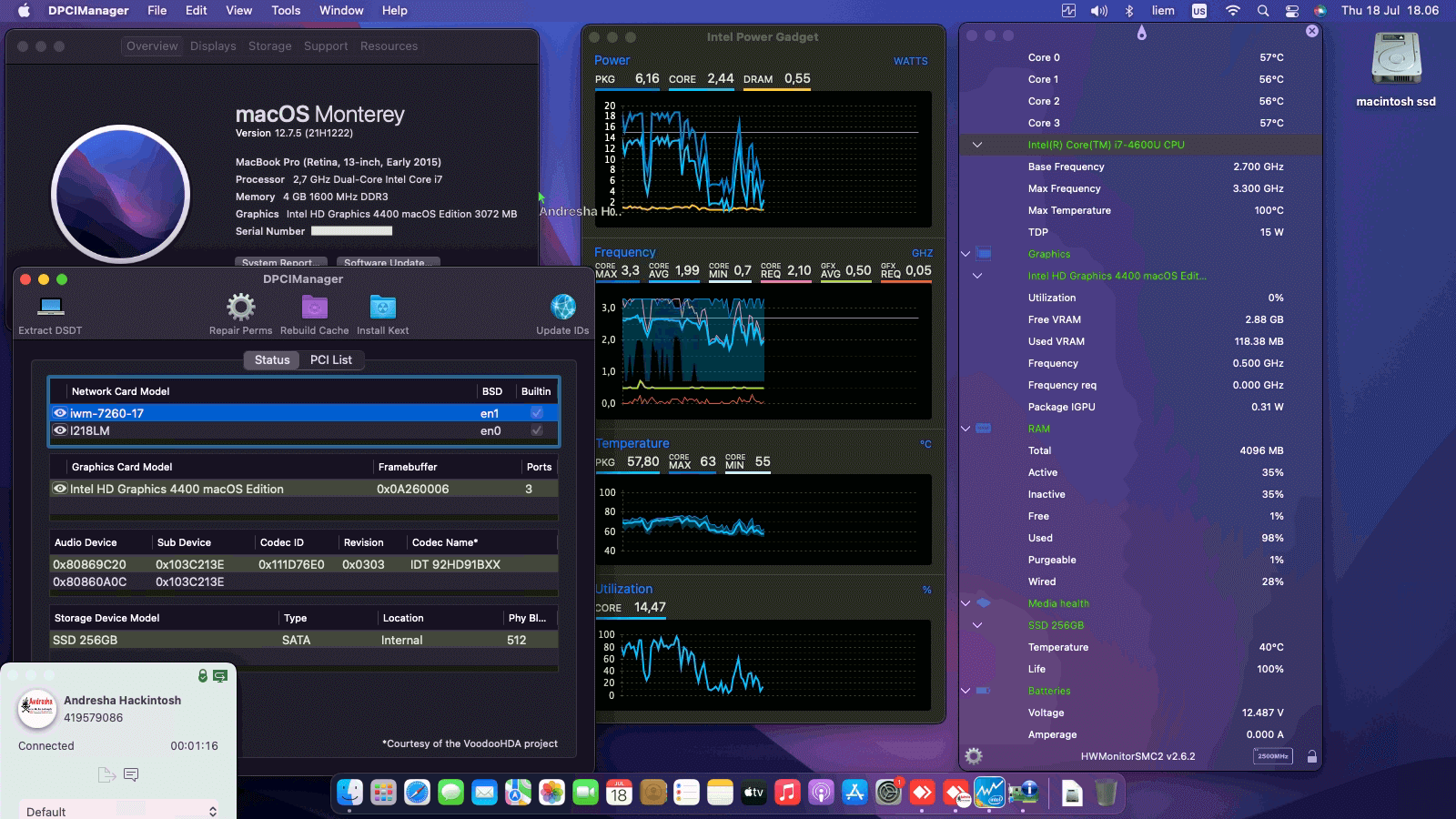Success Hackintosh macOS Monterey 12.7.5 Build 21H1222 in HP EliteBook Folio 1040 G1